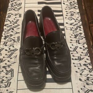Ferragamo Black Leather Gancini Slip On Loafers Non Slip Rubber Sole Shoes